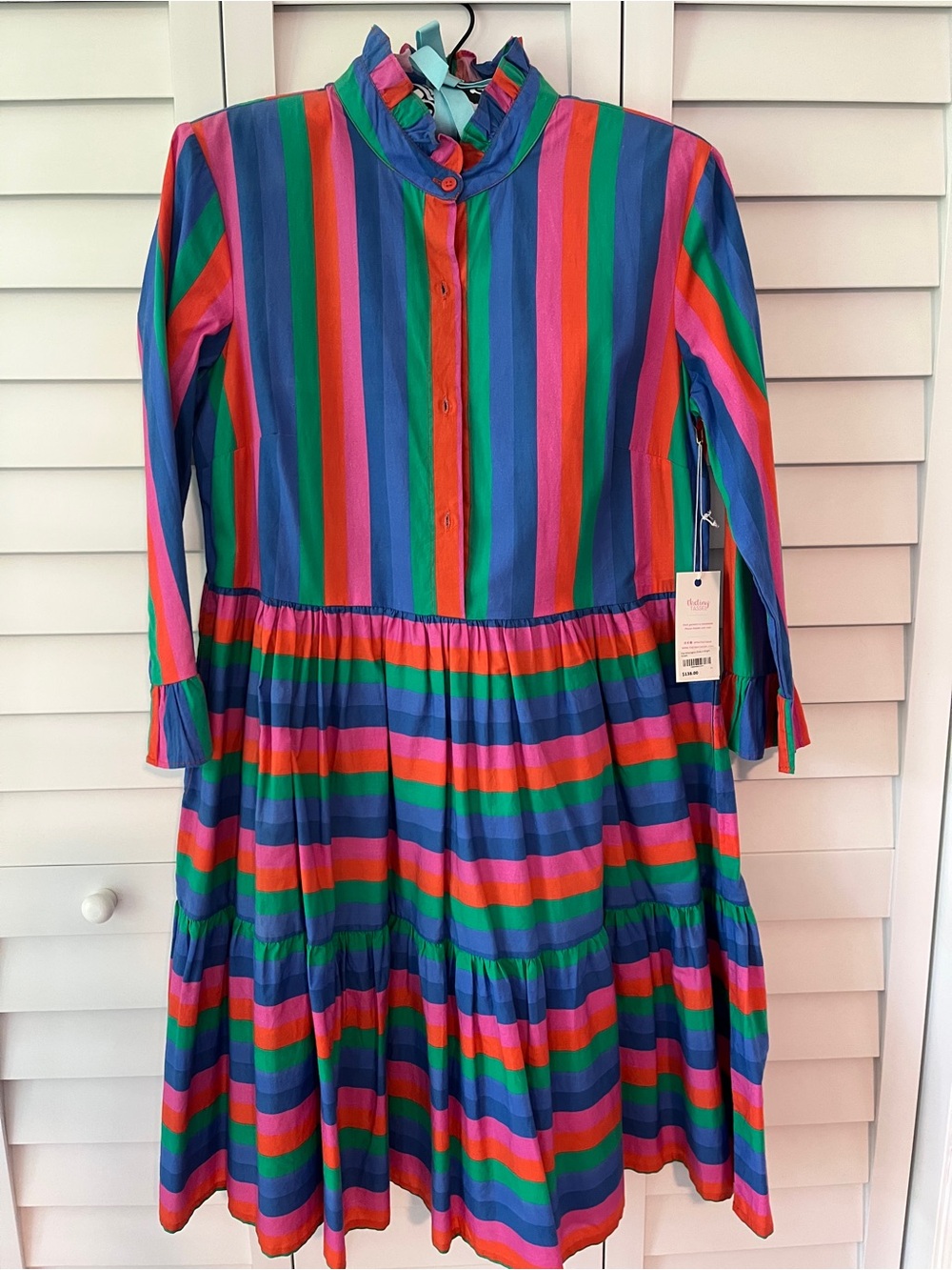 The Tiny Tassel Multicolor Stripe Tiered Long-Sleeve Dress